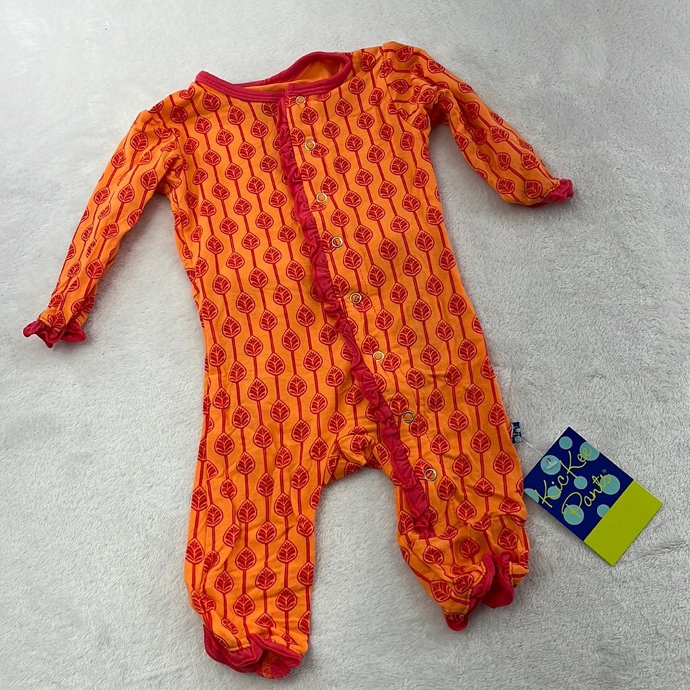 Nwt Kickee Pants Bamboo Nb Coverall With Snaps Orange Nectarine Leaf Lattice